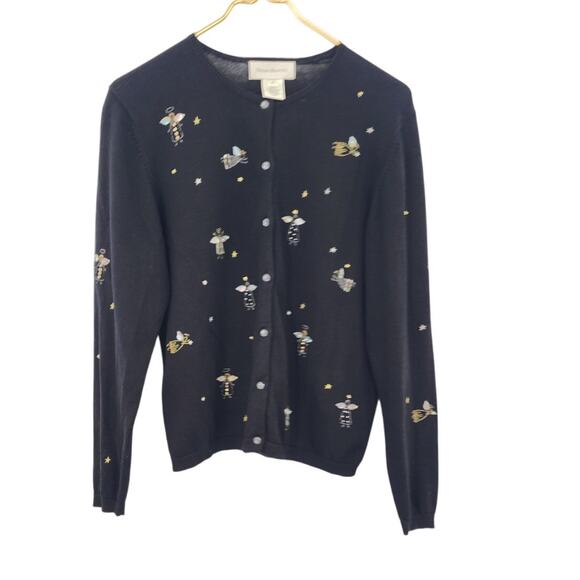 Women's Susan Bristol Button Front Black Angel Beaded Cardigan Sweater Small - Picture 6 of 6
